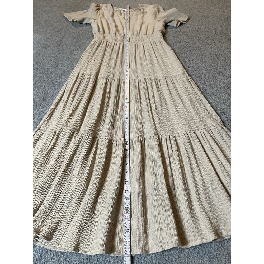 Anthropologie August Sky Tiered Dress Sz L Midi Beige Crinkly Boho Peasant - Picture 5 of 13